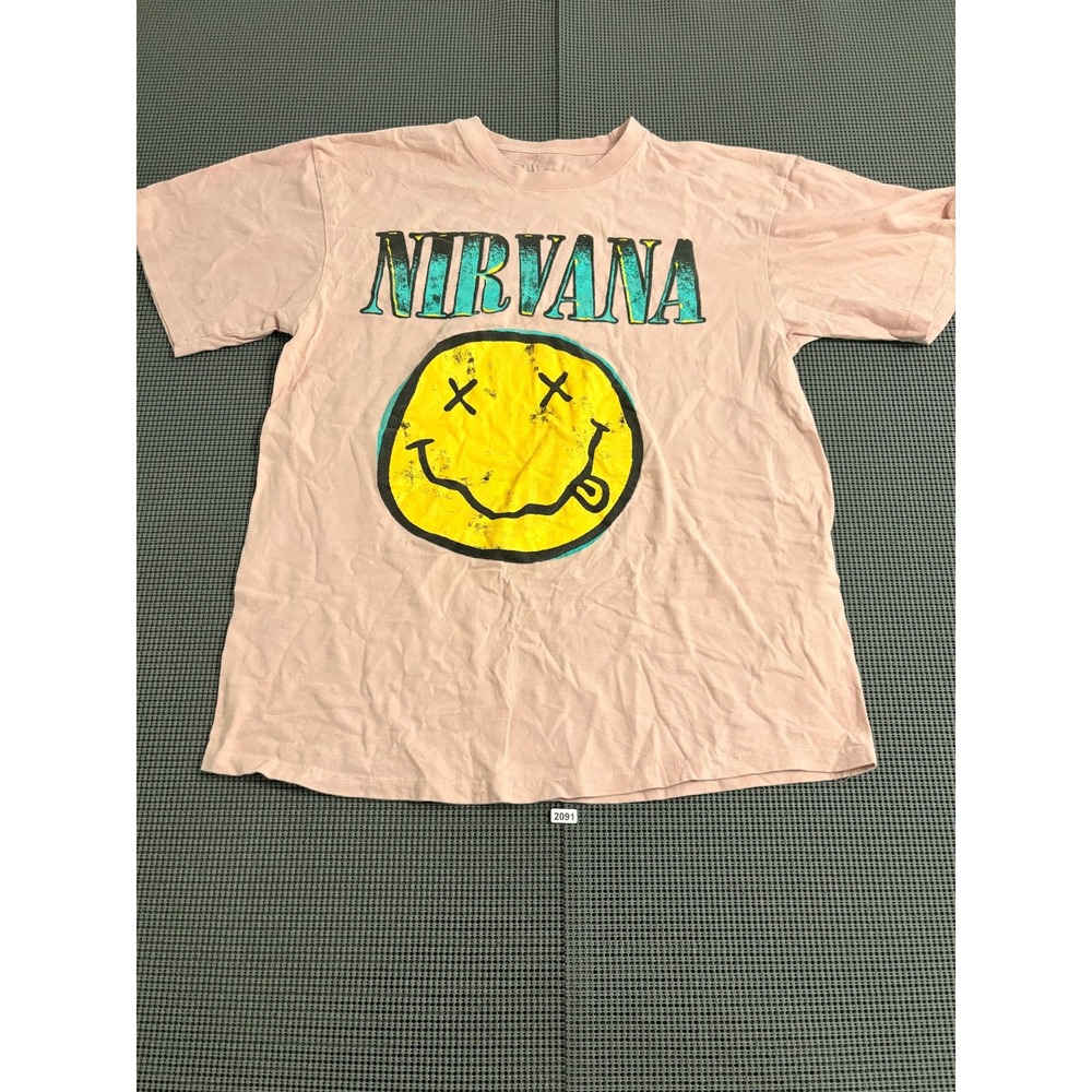 Nirvana Smiley Face Graphic T-Shirt Pink Short Sleeve Cotton Tee Mens Size S/M